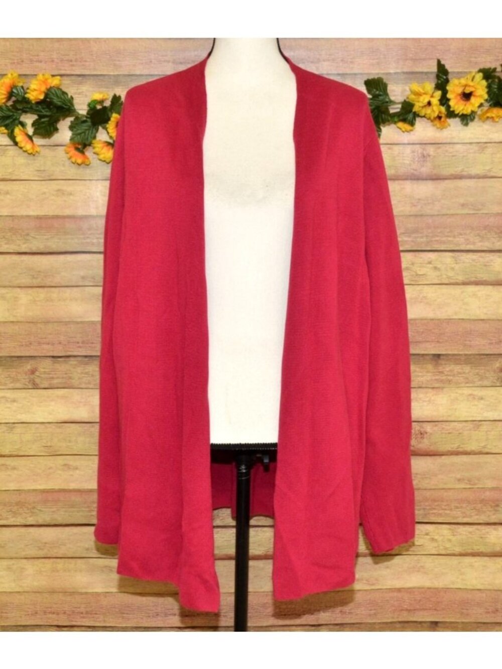 Eileen Fisher Textured Open Front Berry Red Cardigan Sweater Size 2X Tencel Silk
